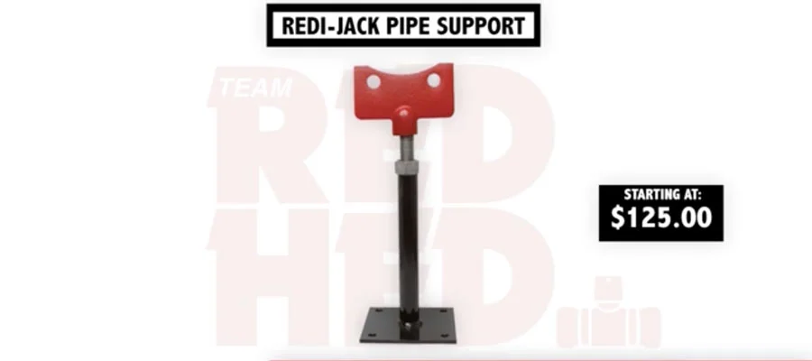 Redi-Jack Pipe Support banner with product image and Red Hed logo